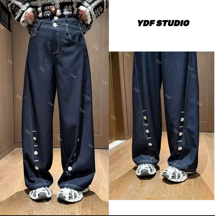 YDFSTUDIO小众【纽扣裤】欧货重工双股明线设计时尚弯刀牛仔休闲裤