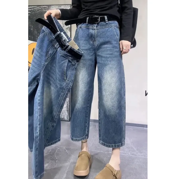 阔腿八分裤新款显瘦复古2025欧货小个子高腰宽松直筒大码牛仔裤女