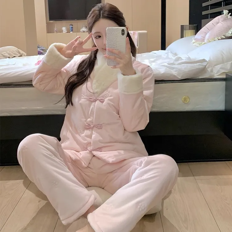 新中式睡衣女款秋冬三层夹棉珊瑚绒加绒加厚国风甜美家居服可外穿