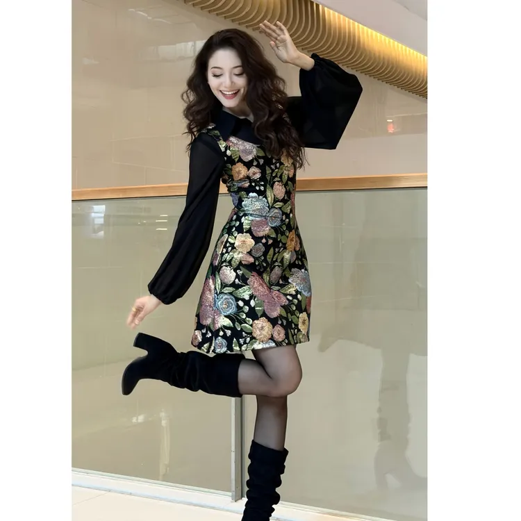 提花莫奈油画风两件套连衣裙