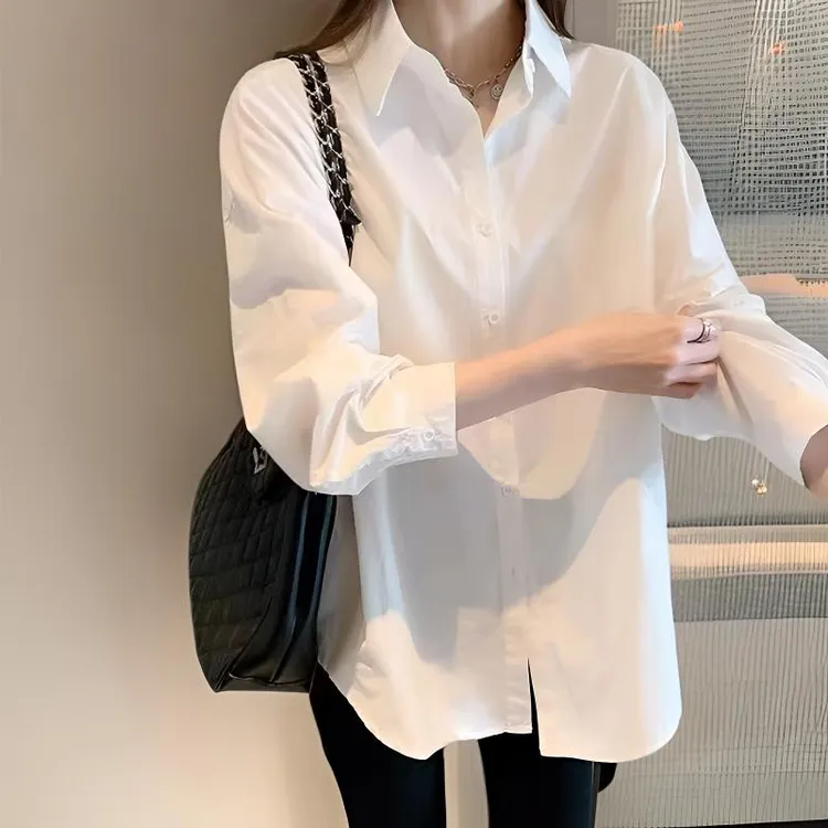 白色纯棉衬衫女新款春秋韩版宽松设计感小众洋气上衣百搭长袖衬衣