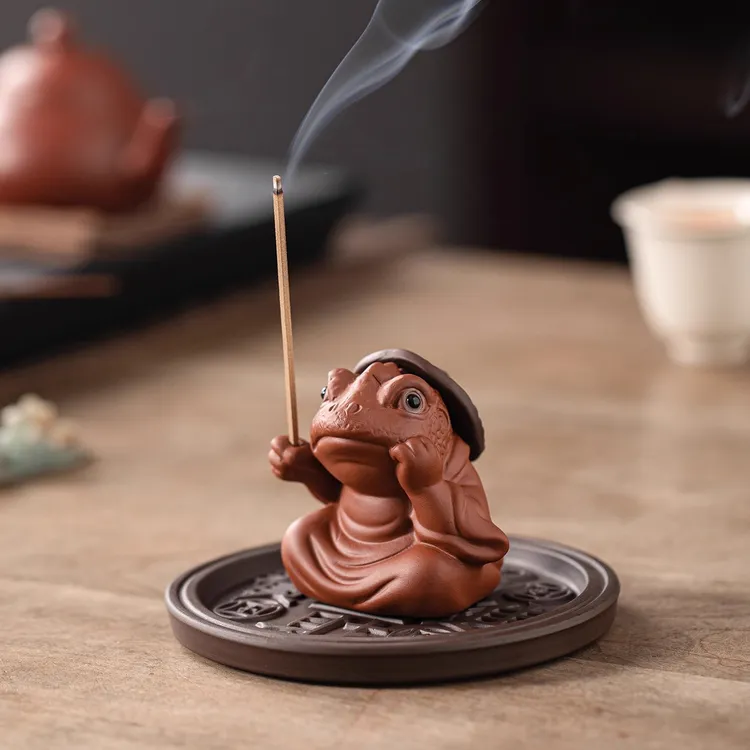 紫砂茶宠金蟾摆件香座香托金蟾线香插香炉禅意香薰炉茶桌茶台摆件