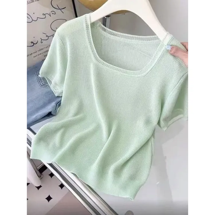 巨有质感！高端爆款薄荷绿方领短袖冰丝针织衫女夏季高级感上衣ins