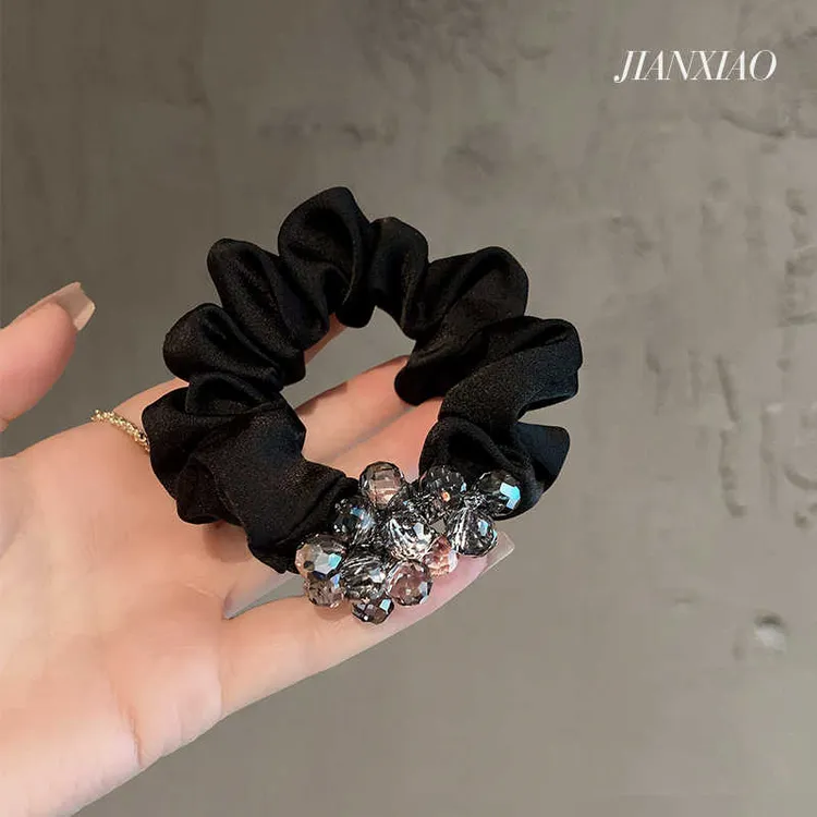 透亮气质水晶球肥肠圈缎面黑色布艺发圈女高弹扎马尾发绳耐用头圈