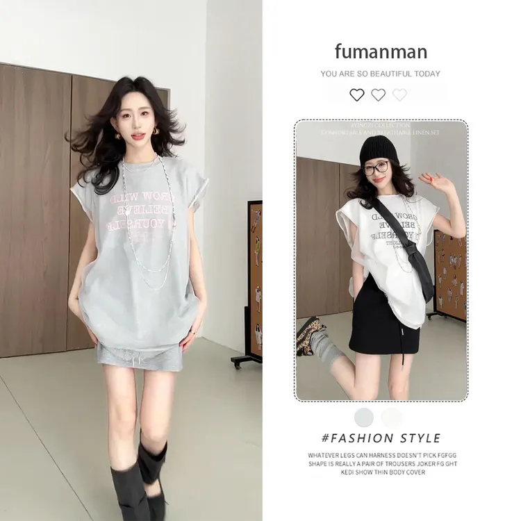 夏季韩系套装女2025新款设计感网纱字母T恤上衣搭休闲短裙两件套