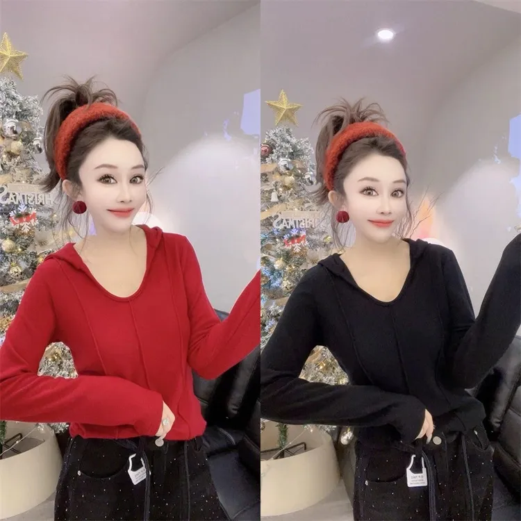 欧货纯色短款休闲外套女2025冬季修身打底衫洋气长袖连帽套头上衣