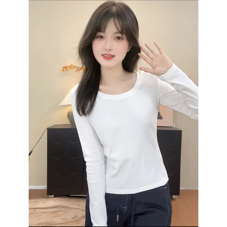 精梳棉高弹力圆领长袖秋冬款舒适棉T修身显瘦百搭女士打底衫