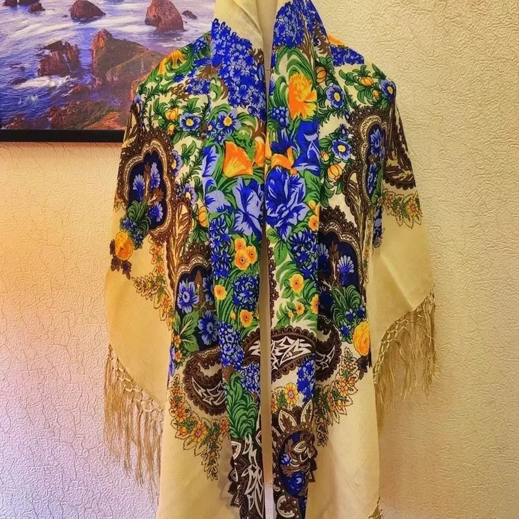 新款网红复古手工流苏印花kaxmir披肩يېڭلىق كەشمىر ياغلىق 