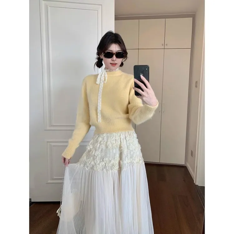 温柔风软糯长袖针织毛衣超仙网纱半身长裙女秋冬新款时尚套装女装