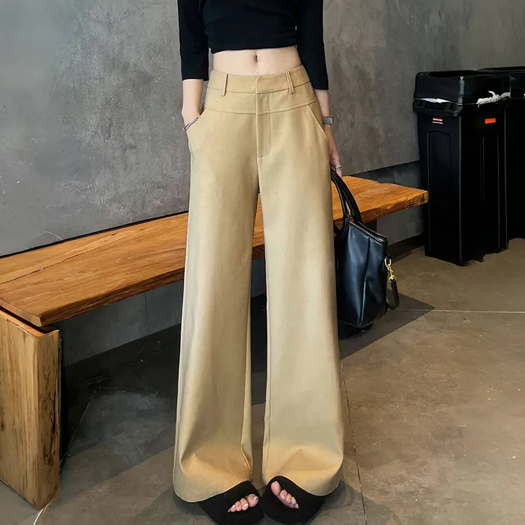 卡其色老钱风裤子2025春秋新款小个子高腰窄版韩系西装裤休闲直筒