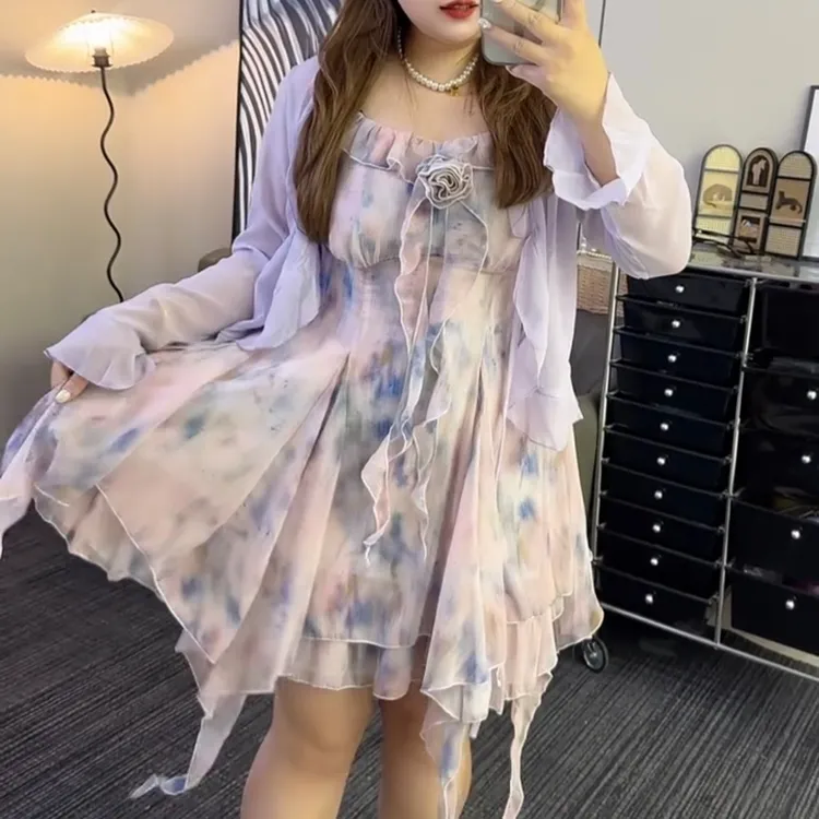 大码女装氛围感甜美油画碎花雪纺长短款吊带裙+防晒开衫二件套