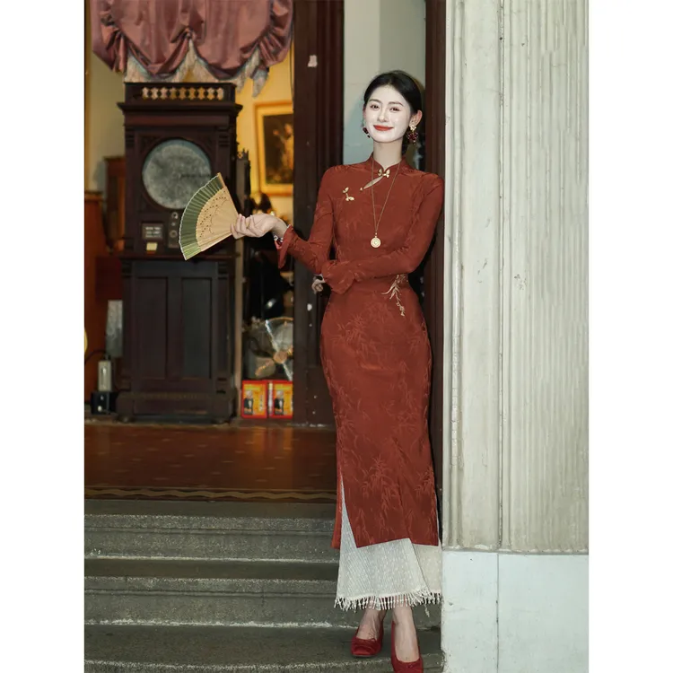 凌茜恣禾【明珠堂】国风新中式红色修身收腰显瘦高级感旗袍连衣裙