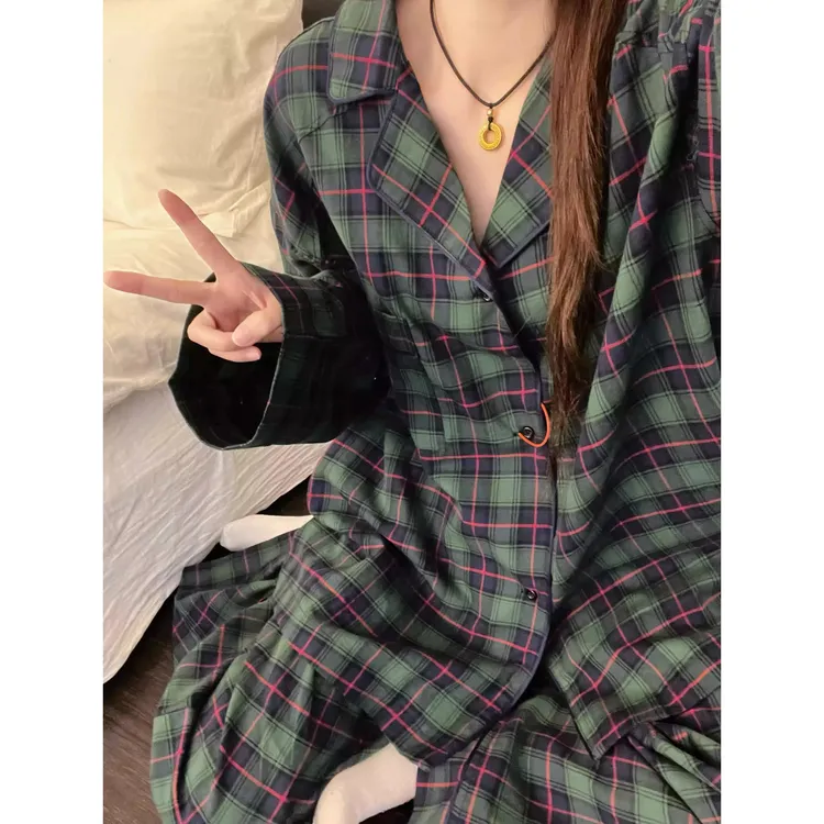 韩系复古慵懒风撞色格纹睡衣女春秋新款保暖宽松家居服套装可外穿