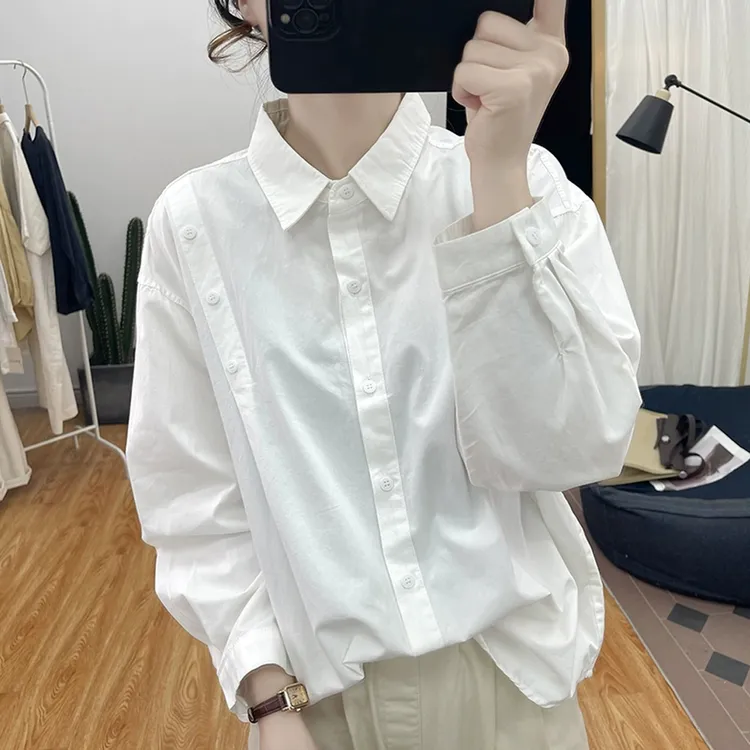 秋装设计感纯棉灯笼袖长袖衬衫女侧边纽扣上衣2025新款polo领衬衣