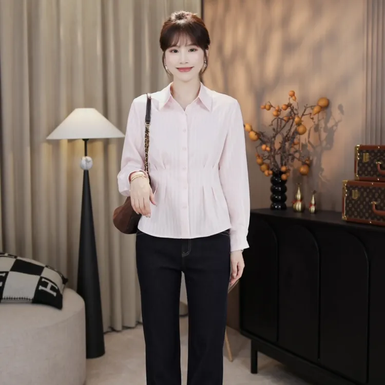 LMENY“肌理条纹漫褶衫”轻法式条纹压褶收腰优雅气质衬衫25CC014