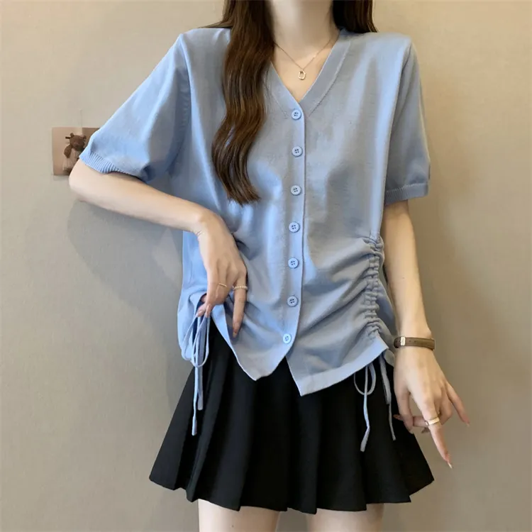 大码夏季新款V领抽绳设计感针织短袖T恤女胖妹妹开衫显瘦百搭上衣