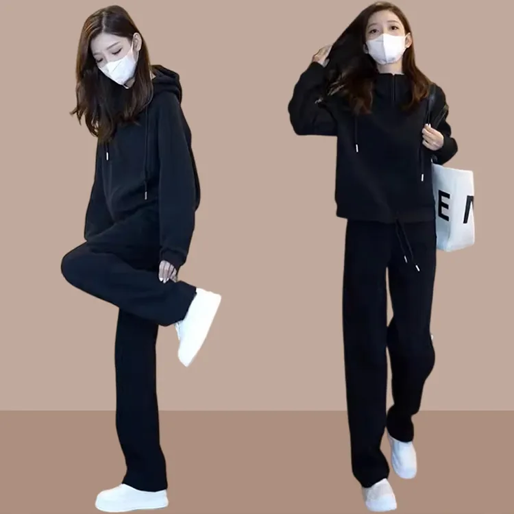 黑色套装流行时尚女装2025春秋季新款运动服上档次卫衣卫裤两件套