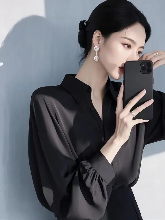 SS1215春季流行穿搭上衣法式气质优雅高级感大方得体时尚黑色衬衫