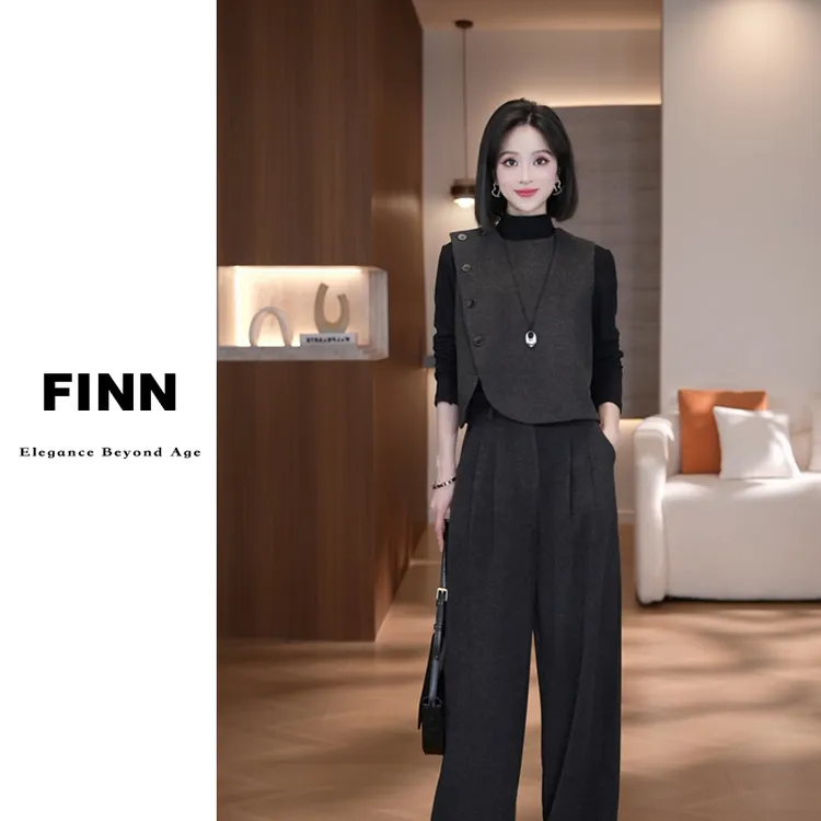 「小爽Finn」时尚套装减龄黑色裤轻奢女装裤子秋季通勤三件套【运补】
