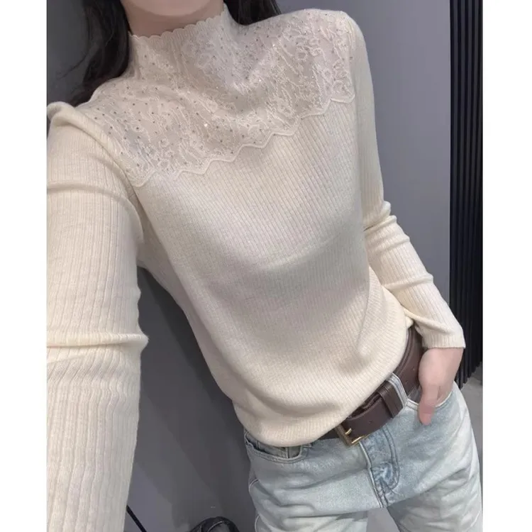 一体绒半高领长袖针织衫女秋冬欧货洋气修身毛衣加绒打底小衫上衣