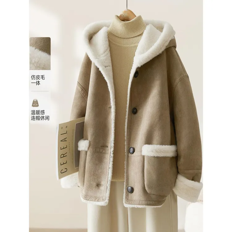 胖妹妹大码女装2025冬季新款韩版休闲夹克上衣彷皮毛一体连帽外套