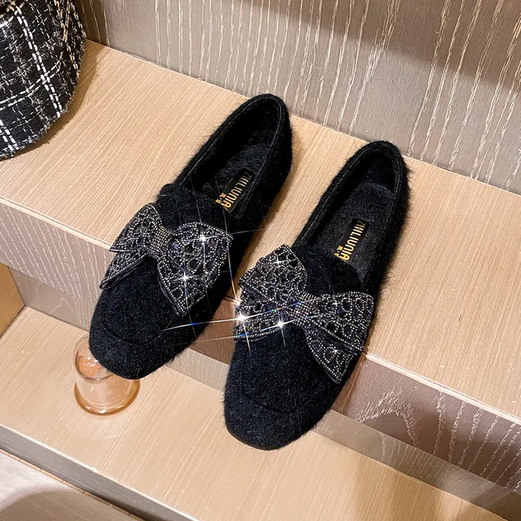 法式水貂毛平底毛毛鞋女冬外穿新款甜美蝴蝶结仙女加绒豆豆棉瓢鞋