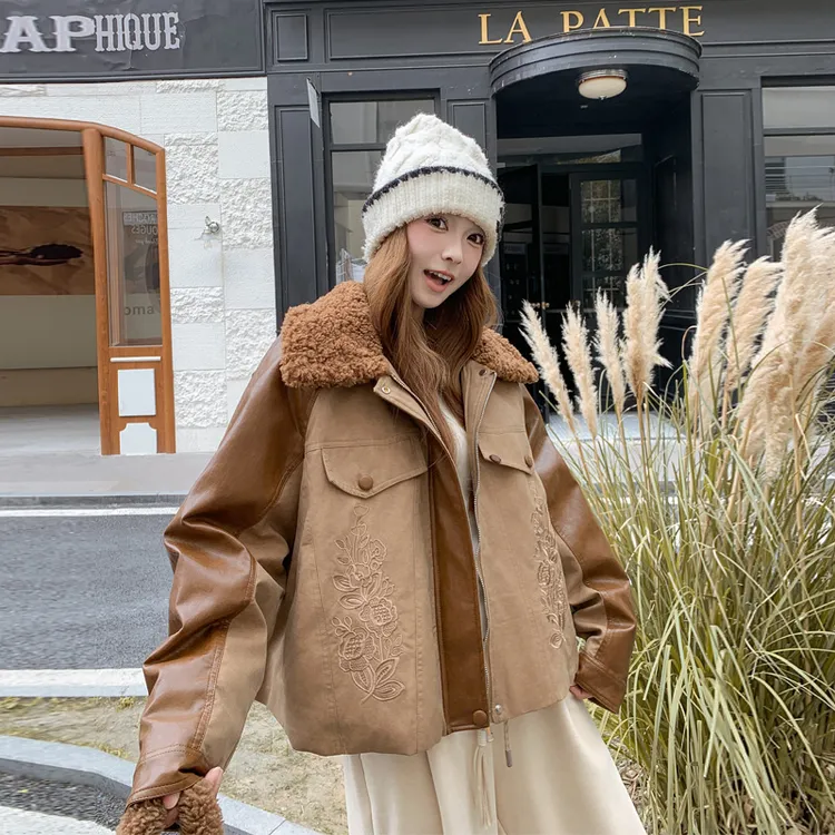 复古羊羔毛拼接棉服外套2025冬季新款小众百搭ins风美拉德厚棉衣