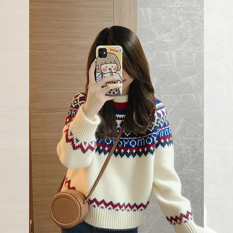 洋气高贵时髦气质女装韩系秋冬休闲白色费尔岛提花软糯毛衣打底衫