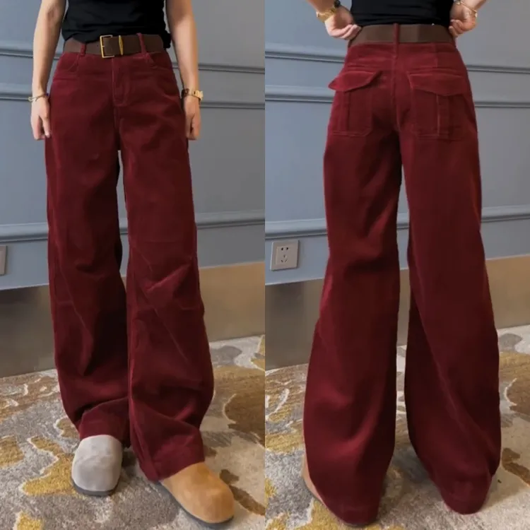 景倩妮复古洋气灯芯绒弯刀休闲裤2025冬季新款加绒显瘦窄版阔腿裤