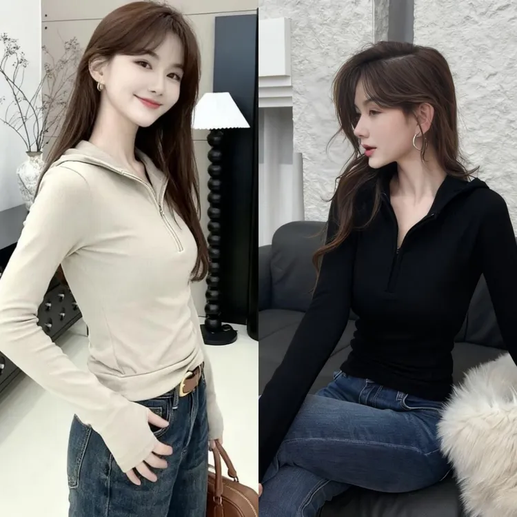新款秋冬百搭半拉链连帽长袖显瘦修身休闲通勤绒毛上衣女打底衫
