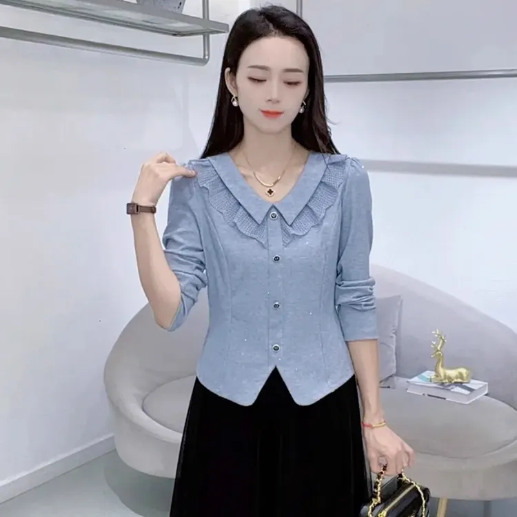 法式时尚洋气长袖T恤女2025秋季新款显瘦减龄百搭花边V领简约上衣