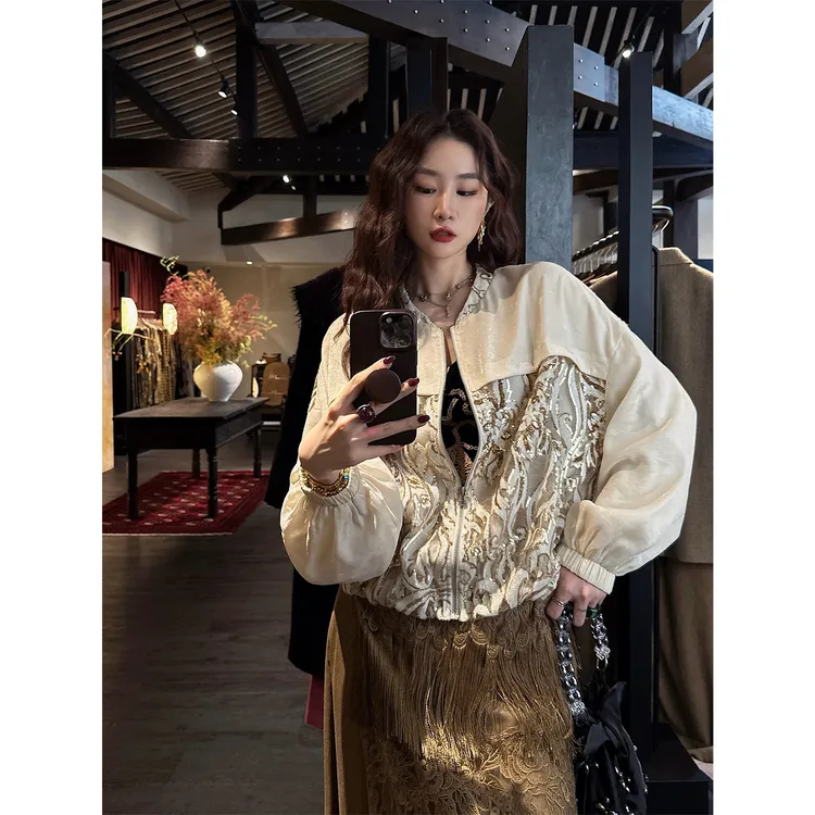 三吉黑花 【绕芳旬】晕染珠片蕾丝拼接夹克外套女款秋2025新款