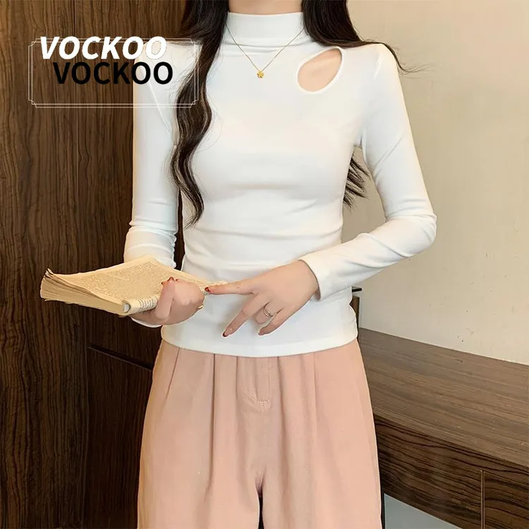 VOCKOO半高领加绒德绒镂空打底衫女2024新款秋冬季保暖内搭