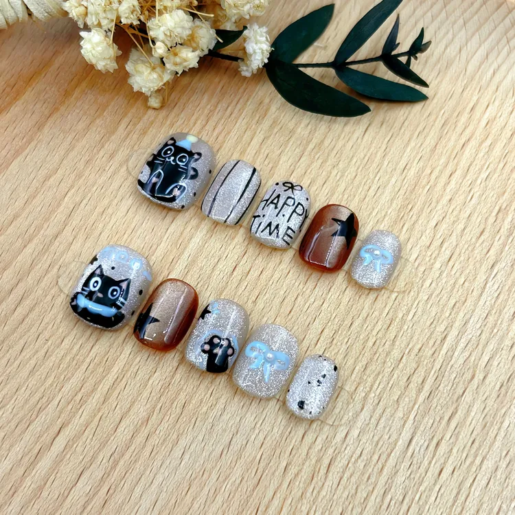 【芳华】猫眼小黑猫可爱卡通INS风格上手显白秋冬气质纯手工穿戴甲