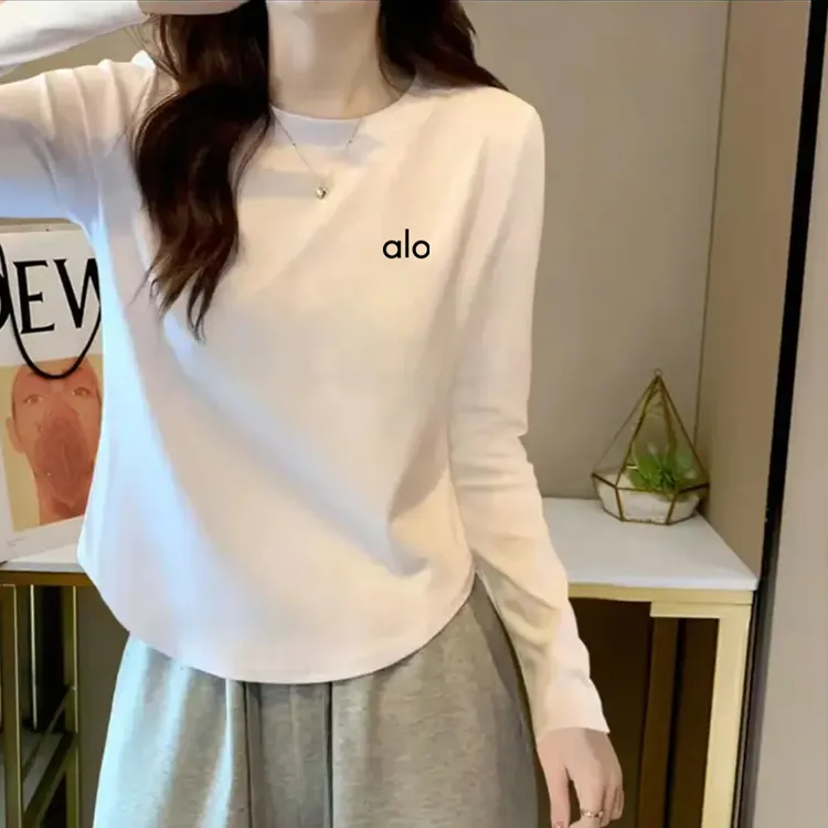 【alo】秋季纯色长袖打底衫女修身显瘦百搭圆领T恤不规则上衣1602