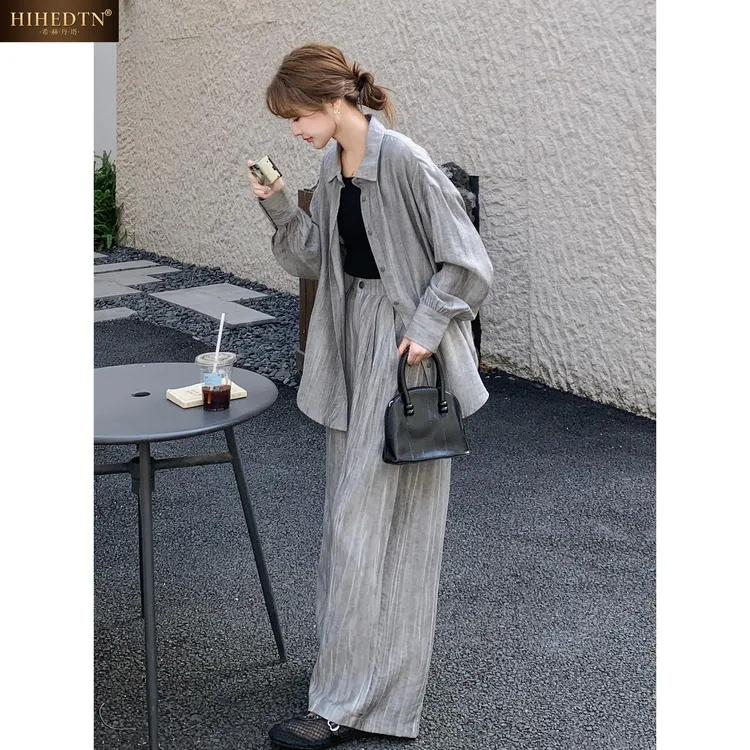 希赫丹塔扎染长袖衬衫套装女早秋新款慵懒松弛感穿搭阔腿裤两件套