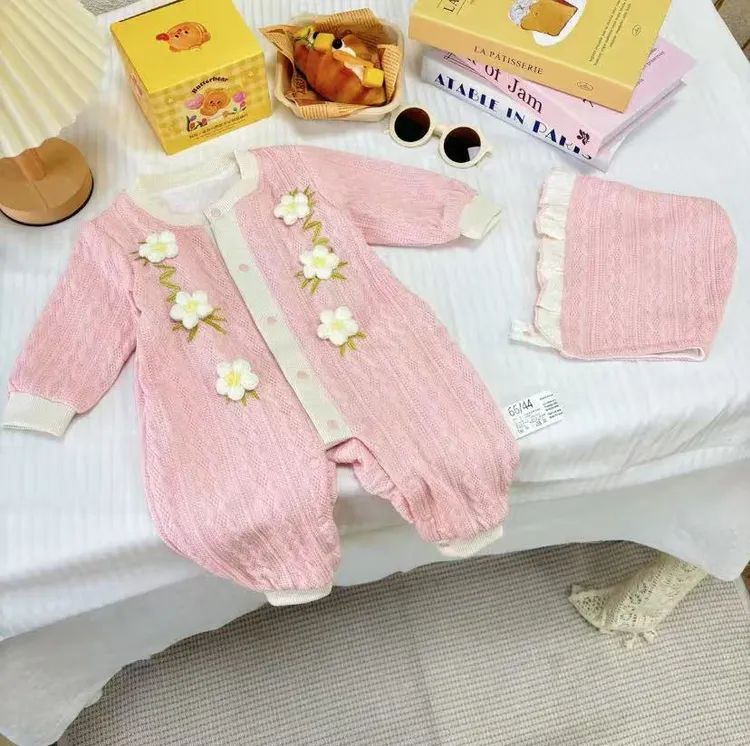 LS婴幼儿春秋长袖针织花朵女宝洋气连体衣【下单送帽子】