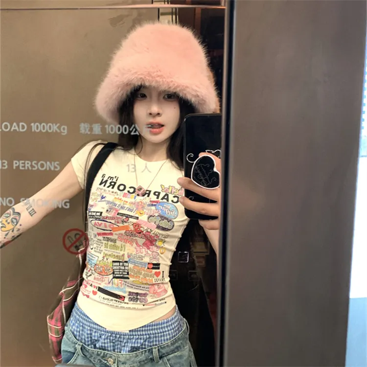 卡通印花短袖正肩T恤女夏季新款修身小个子收腰紧身短款圆领上衣