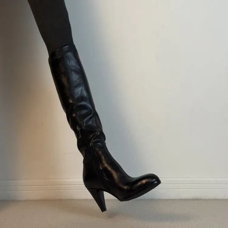 六也「中古味儿」圆头锥形粗高跟显腿长侧拉链弹力瘦瘦长靴L1116