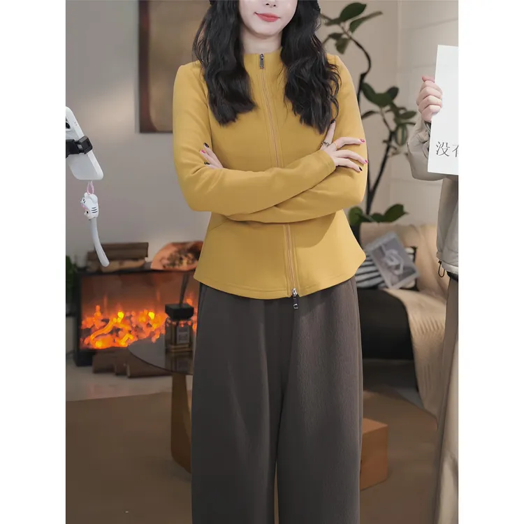 多巴胺立领收腰双面德绒卫衣女开衫2025秋冬新款高弹显瘦瑜伽上衣