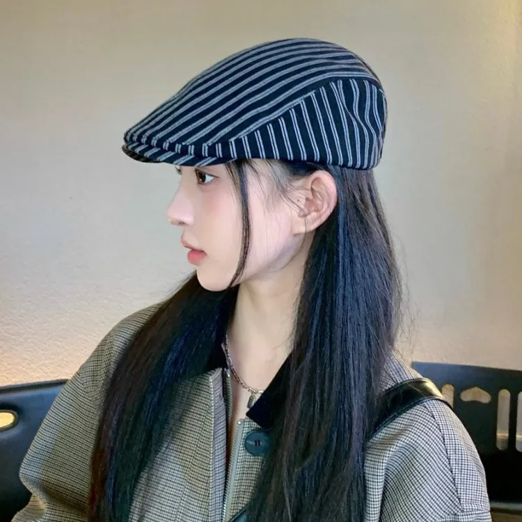 2025年新款复古文艺画家帽子女条纹英伦前进帽街头休闲报童鸭舌帽