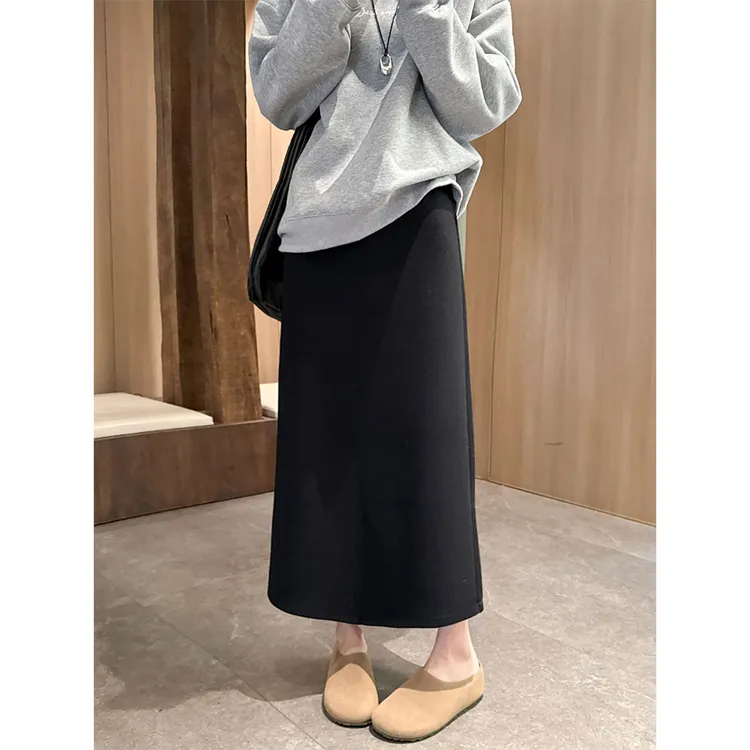 冬季高腰黑色毛呢遮肉显瘦半身裙女大码梨型身材简约垂感直筒长裙