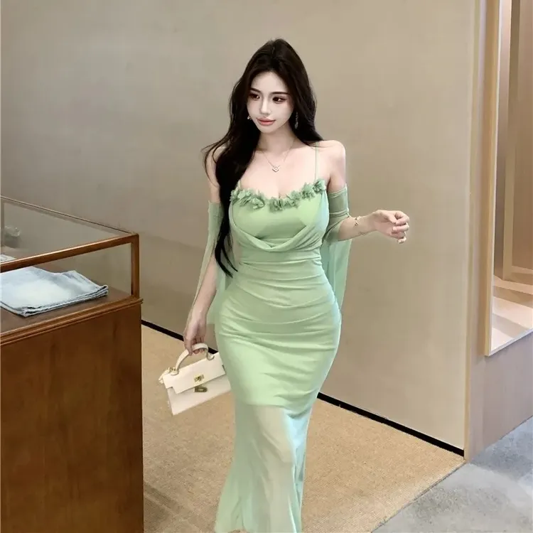 超仙夏日海边度假清新网纱吊带连衣裙纯欲气质修身显瘦鱼尾包臀裙