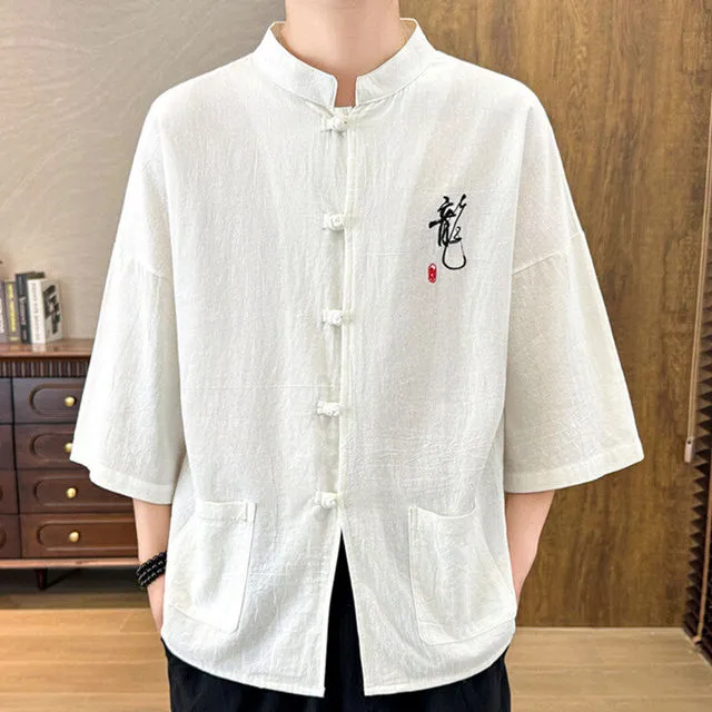高端复古盘扣衬衫男士中国风棉麻唐装衬衣外套中年宽松大码汉服男