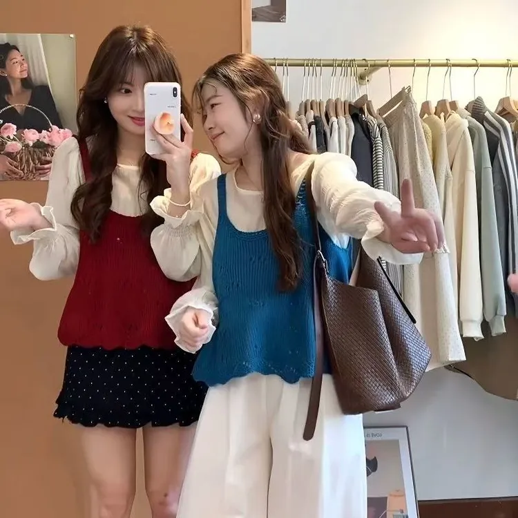 那简家9910韩系ins撞色超美镂空针织吊带➕打底甜美两件套 