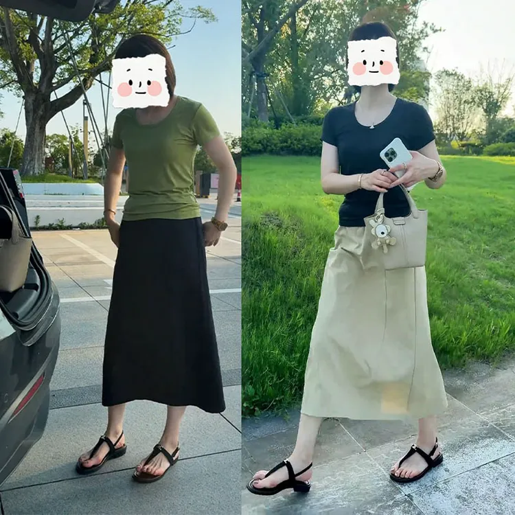 2025夏季新款圆领纯色上衣女百搭简约时尚高腰显瘦半身裙两件套