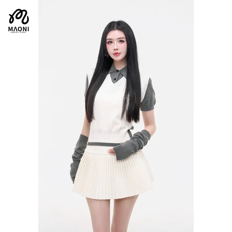 毛妮LADIESFIRST【少女织梦】配袖套 假两件针织衫撞色毛衣L2504