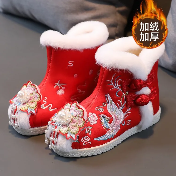 儿童汉服鞋子女童秋冬季加绒绣花鞋马面裙国风棉鞋古装拜年虎头鞋