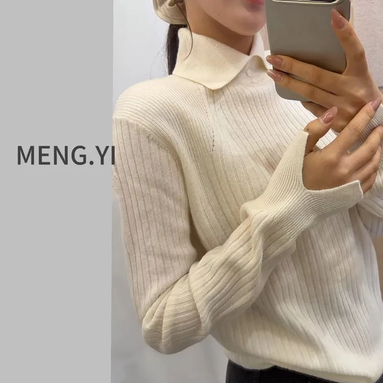 MENG.YI山羊绒醋酸羊毛小翻领设计款休闲打底毛衣5434