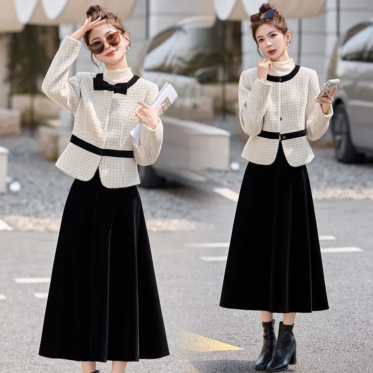 早秋气质一整套穿搭轻奢高级感巨好看小香风撞色外套半身裙两件套